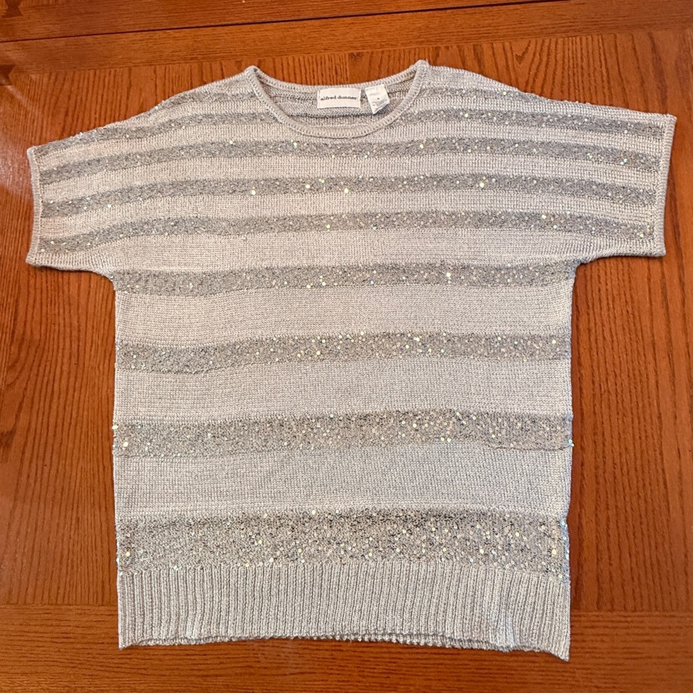Alfred Dunner Knit Top Women Medium Silver‎ Sequin Striped Shimmer